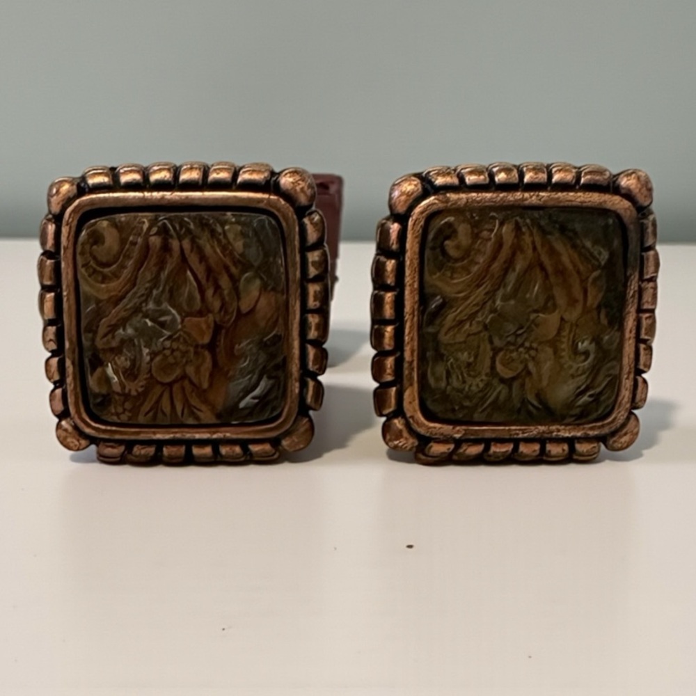 Vintage Signed MX Ornate Amber Translucent Window Box Copper Square Earrings